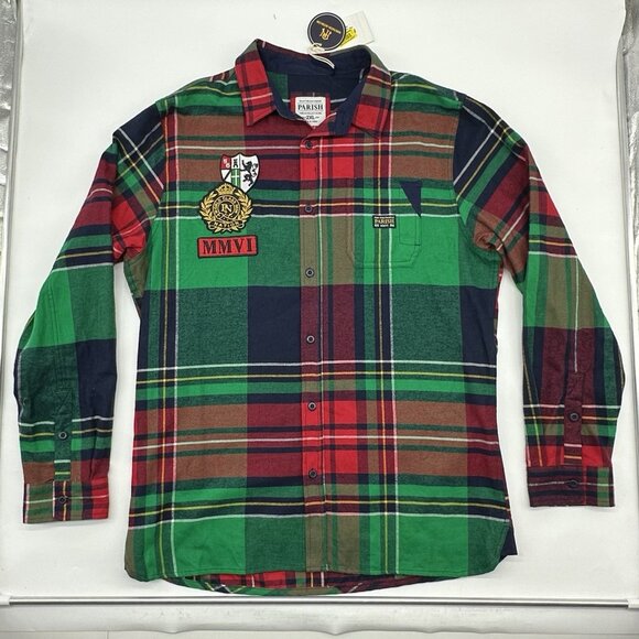 Parish Nation Men's Size 2XL Plaid Flannel Patch Long Sleeve Button Up Shirt NWT - Picture 1 of 11